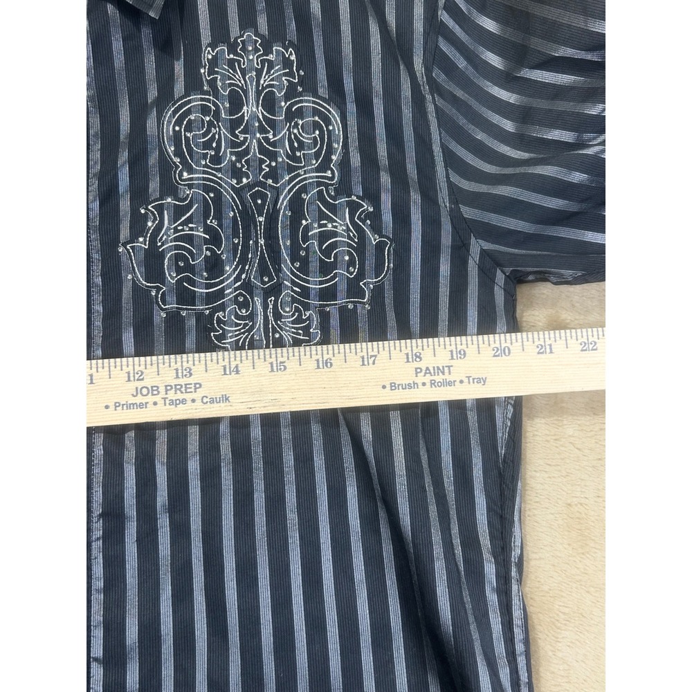Lamasini Mens M Black Silver Striped Embroidered Rhinestone Snap Button‎ Western - Picture 3 of 7